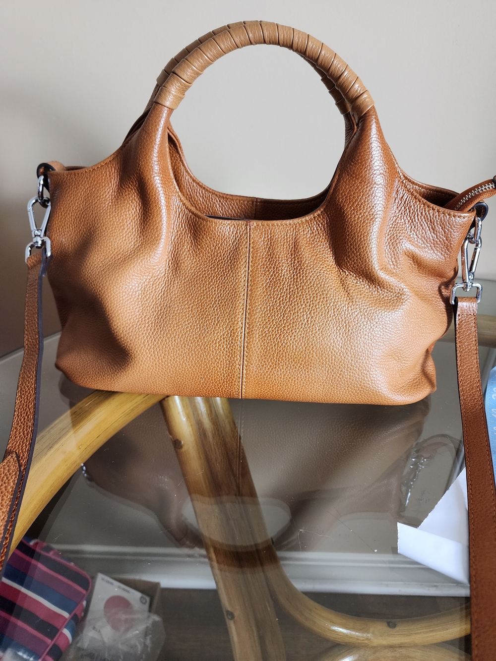 Structured Tan Leather Shoulder Bag with Wrapped Top Handle